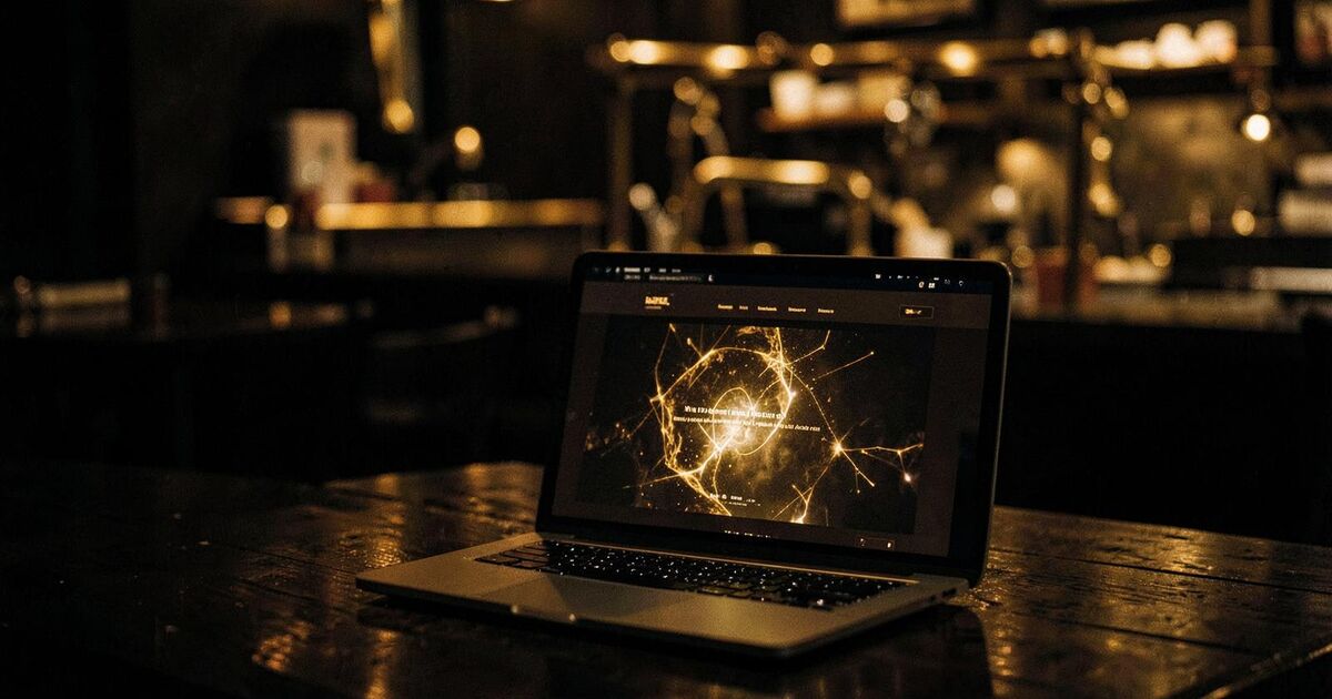 A laptop on a table in a restaurant interior